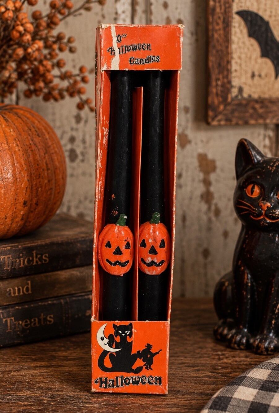 Vintage Halloween Jack O Lantern Taper Candles Black 10” Pair Original Box